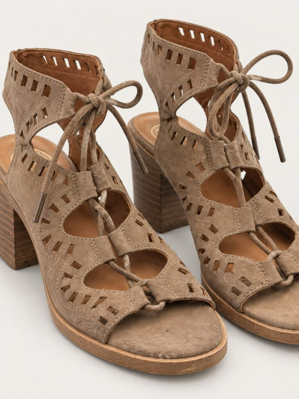 SO Taupe Laser Cut Lace Up Block Heel Sandals